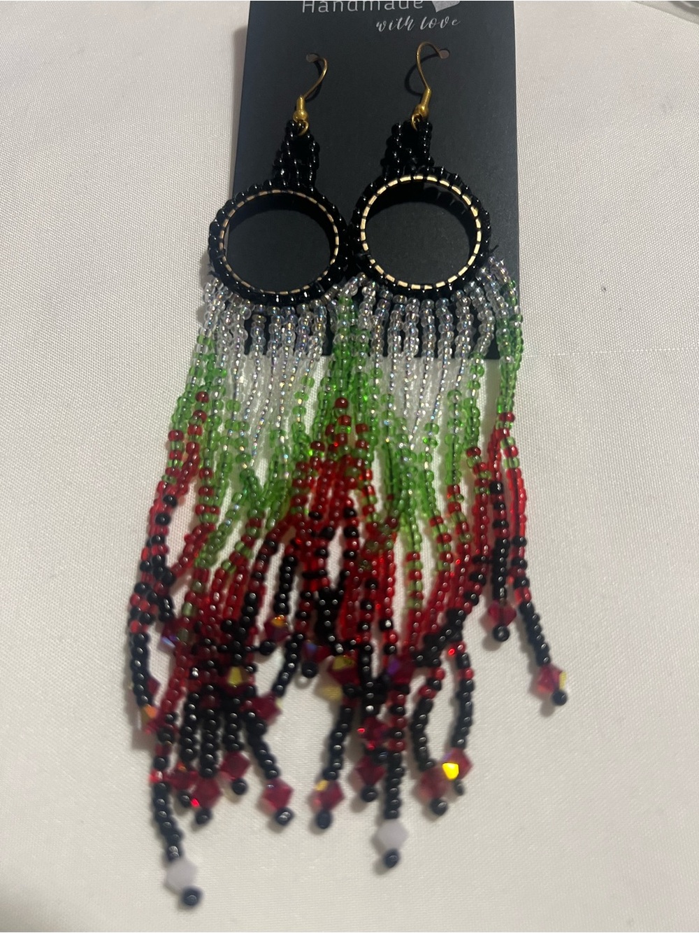 Handmade Beaded Fringe Earrings - Black, Red, Green